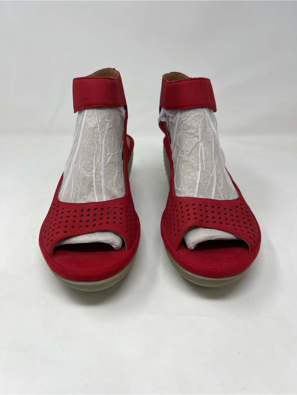Clarks Red Perforated Ankle-Strap Wedge Sandals - Picture 2 of 8